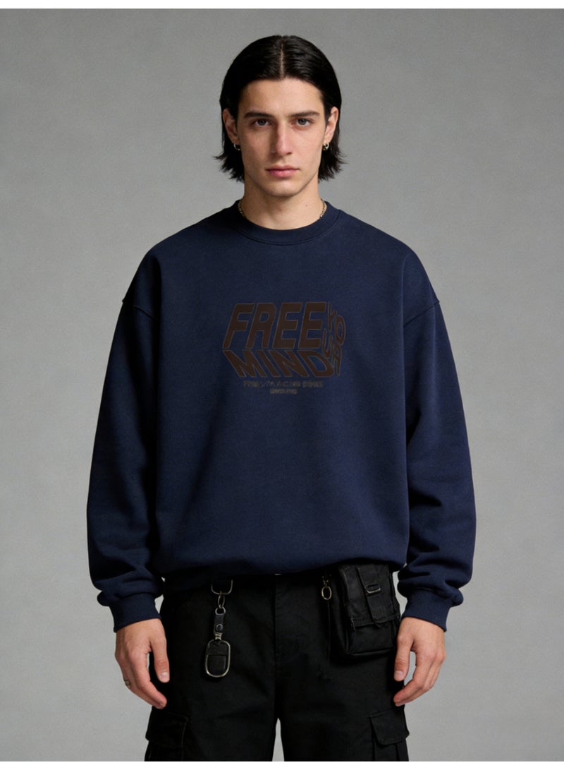 بيإم إنس BM INS Navy Blue "FREE YOUR MIND" Deconstructed Letter Oversized Crew Neck Sweatshirt | Unisex Streetwear Pullover With Slogan Print - Image 1
